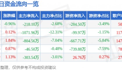 股票行情快报:道明光学(002632)1月22日主力资金净卖出218.10万元