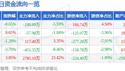 股票行情快报:陕西黑猫(601015)1月27日主力资金净卖出188.69万元