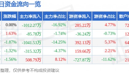 股票行情快报：广电电气（601616）5月27日主力资金净卖出1012.27万元