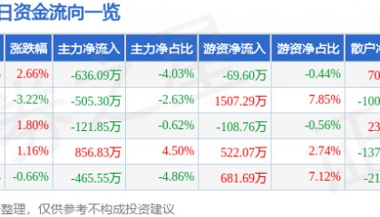 股票行情快报：高乐股份（002348）1月21日主力资金净卖出636.09万元