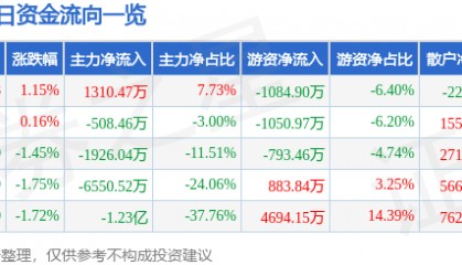股票行情快报:大众交通(600611)9月5日主力资金净买入1310.47万元