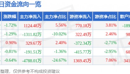 股票行情快报:长城军工(601606)2月28日主力资金净买入1124.48万元