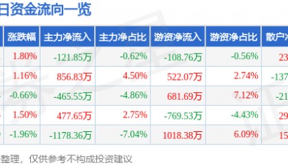 股票行情快报：高乐股份（002348）1月19日主力资金净卖出121.85万元