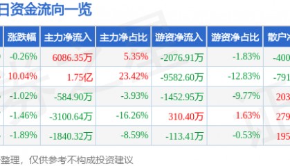 股票行情快报:金杯电工(002533)3月13日主力资金净买入6086.35万元