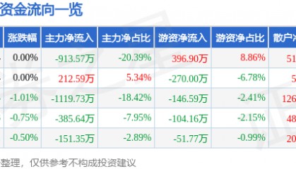 股票行情快报:ST银江(300020)7月24日主力资金净卖出913.57万元
