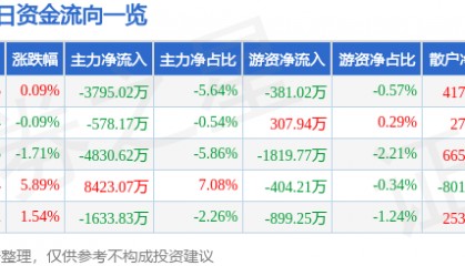 股票行情快报:力源信息(300184)12月5日主力资金净卖出3795.02万元