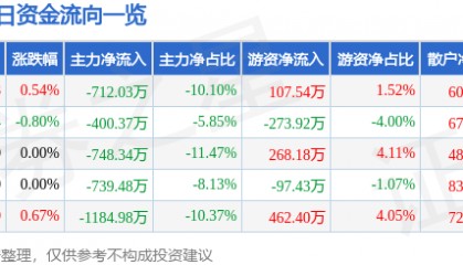 股票行情快报:江苏国泰(002091)5月19日主力资金净卖出712.03万元