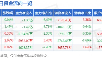 股票行情快报：双林股份（300100）5月15日主力资金净卖出1.38亿元