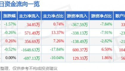 股票行情快报:广电电气(601616)6月13日主力资金净买入34.85万元