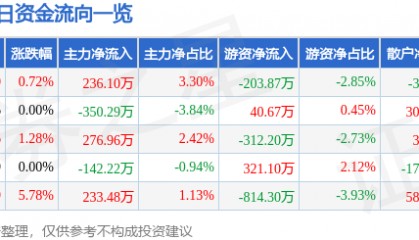 股票行情快报:长春燃气(600333)9月10日主力资金净买入236.10万元