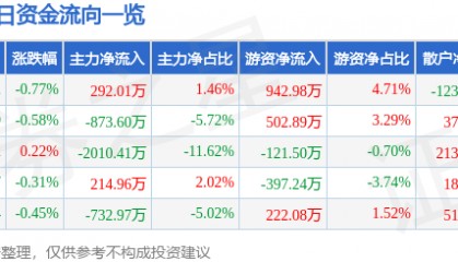 股票行情快报:山东药玻(600529)9月15日主力资金净买入292.01万元