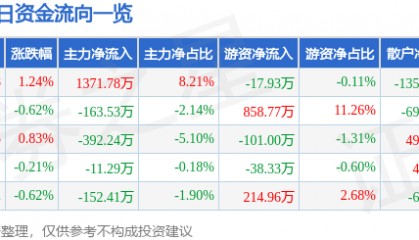 股票行情快报:方大炭素(600516)8月13日主力资金净买入1371.78万元