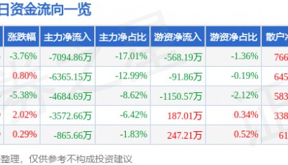 股票行情快报:力源信息(300184)12月25日主力资金净卖出7094.86万元