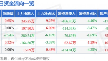 股票行情快报:陕西黑猫(601015)2月20日主力资金净买入345.25万元