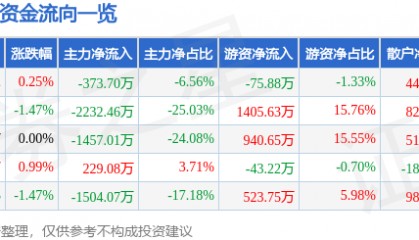 股票行情快报:ST银江(300020)7月10日主力资金净卖出373.70万元