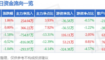股票行情快报:广电电气(601616)5月19日主力资金净买入254.04万元
