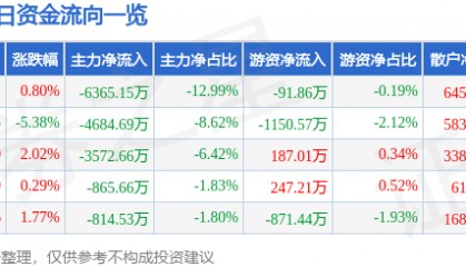 股票行情快报:力源信息(300184)12月24日主力资金净卖出6365.15万元