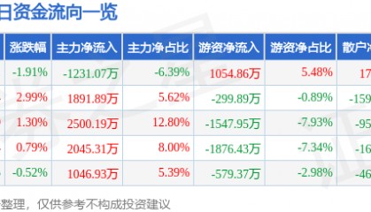 股票行情快报:黑猫股份(002068)3月27日主力资金净卖出1231.07万元