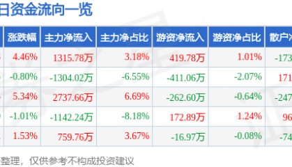 方直科技(300235)7月29日主力资金净买入1315.78万元
