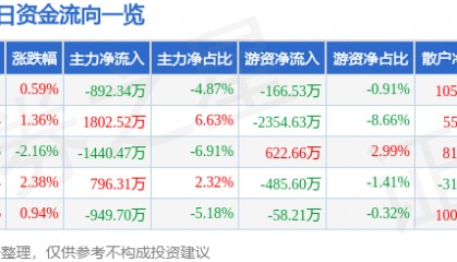 股票行情快报:南威软件(603636)12月11日主力资金净卖出892.34万元
