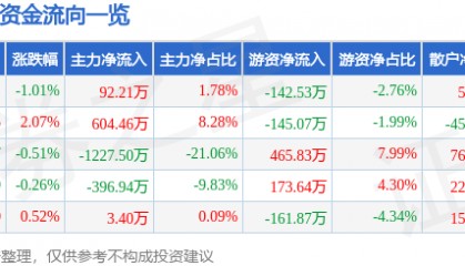 股票行情快报:ST银江(300020)8月8日主力资金净买入92.21万元