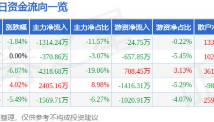 股票行情快报:香江控股(600162)12月19日主力资金净卖出1314.24万元
