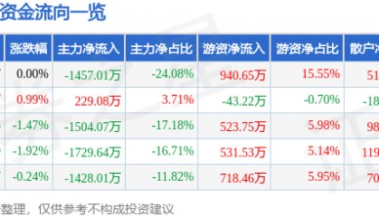 股票行情快报:ST银江(300020)7月8日主力资金净卖出1457.01万元