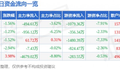 丹化科技(600844)11月27日主力资金净卖出494.61万元