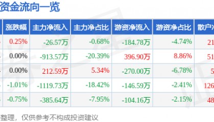 股票行情快报:ST银江(300020)7月25日主力资金净卖出26.57万元