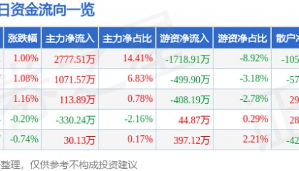 股票行情快报：科创信息（300730）4月15日主力资金净买入2777.51万元
