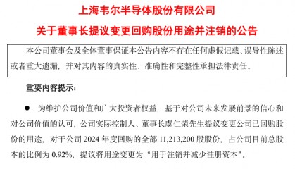 昨天跌停后,1400亿龙头韦尔股份宣布或注销价值13亿元股票!
