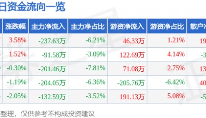 股票行情快报:合兴包装(002228)6月24日主力资金净卖出237.63万元