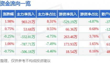 股票行情快报:ST银江(300020)8月22日主力资金净买入903.21万元