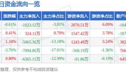 股票行情快报:力源信息(300184)12月30日主力资金净卖出1023.12万元