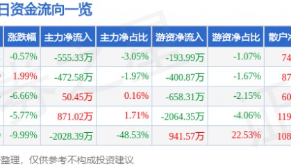 股票行情快报:滨海能源(000695)12月3日主力资金净卖出555.33万元