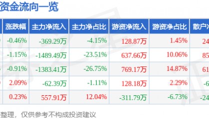 股票行情快报:ST中泰(002092)1月2日主力资金净卖出369.29万元