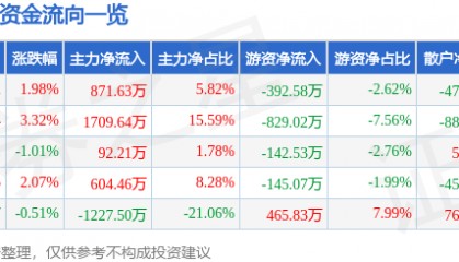 股票行情快报:ST银江(300020)8月12日主力资金净买入871.63万元