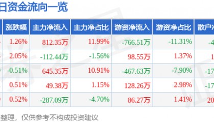 股票行情快报:广电电气(601616)7月8日主力资金净买入812.35万元