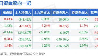 股票行情快报:江苏国泰(002091)4月29日主力资金净卖出541.42万元