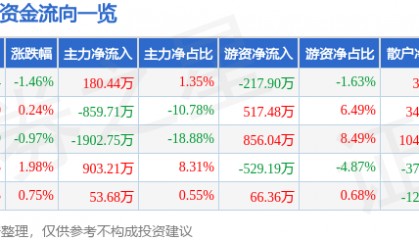 股票行情快报:ST银江(300020)8月27日主力资金净买入180.44万元