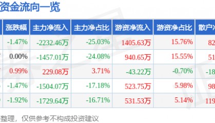 股票行情快报:ST银江(300020)7月9日主力资金净卖出2232.46万元