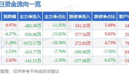 股票行情快报：东风科技（600081）12月24日主力资金净卖出482.36万元