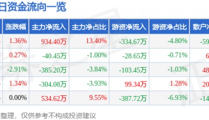 股票行情快报:广电电气(601616)6月4日主力资金净买入934.40万元