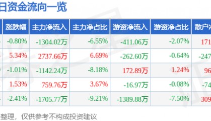 股票行情快报:方直科技(300235)7月28日主力资金净卖出1304.02万元