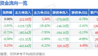 股票行情快报:ST银江(300020)7月23日主力资金净买入212.59万元