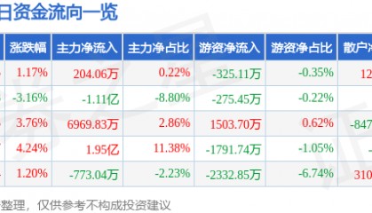 股票行情快报:航锦科技(000818)8月15日主力资金净买入204.06万元