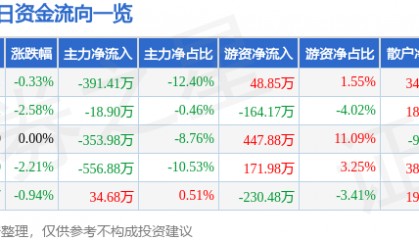 股票行情快报:陕西黑猫(601015)1月13日主力资金净卖出391.41万元