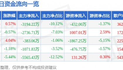股票行情快报:力源信息(300184)1月9日主力资金净卖出3194.22万元