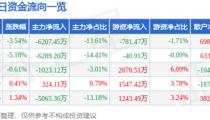 股票行情快报:力源信息(300184)1月2日主力资金净卖出6207.45万元