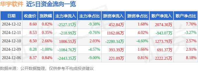 股票行情快报：华宇软件（300271）12月12日主力资金净卖出2527.15万元